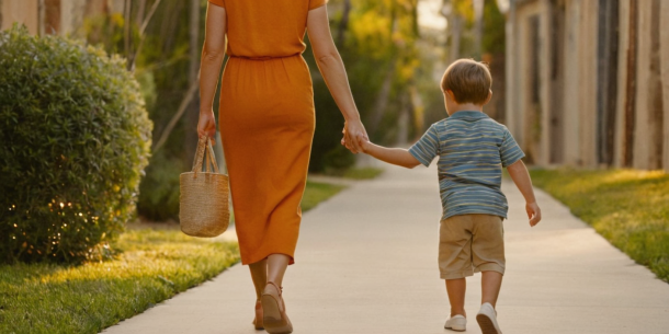 Женщина в оранжевом платье идет рука об руку с маленьким мальчиком, ее ребенком, в синей полосатой рубашке по залитой солнцем дорожке, вид сзади.